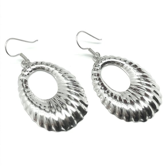 BoHo Bling Womens Earrings Sterling Silver Ribbed Oval Design | Blingschlingers - Picture 2 of 6